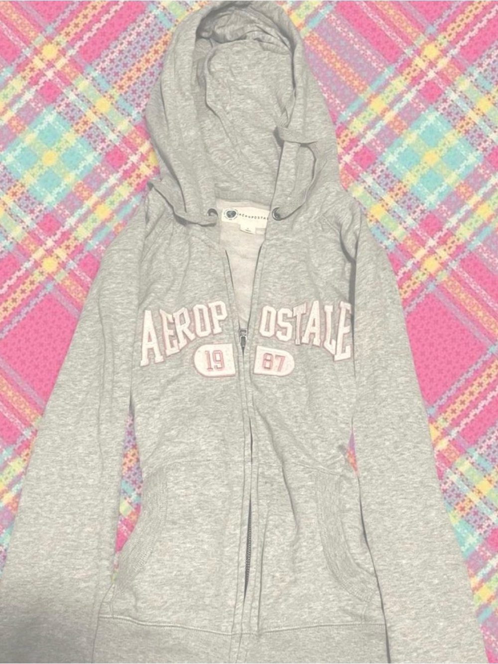 Aeropostale Light Gray Hooded Zip-Up Sweatshirt with Pink Logo
